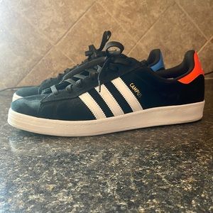 Adidas Campus ADV / size 10.5 / black and white with orange and blue heel